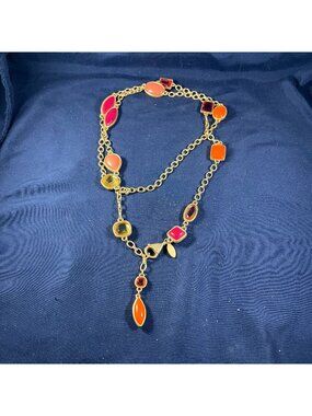 Chicos Gold-Tone Long Necklace With Multi-Color Resin & Gemstone Accents
